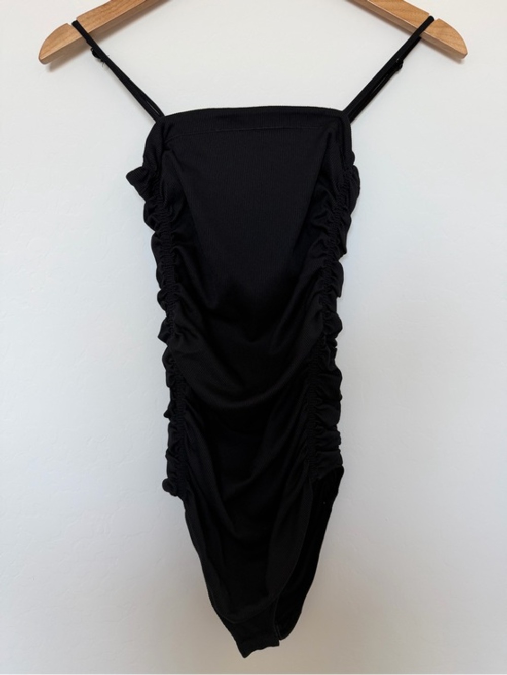 Free People Black Ruched Spaghetti-Strap Women’s Bodysuit